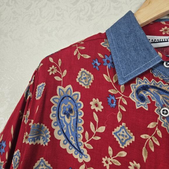 VTG Capacity Top Shirt Shacket M Red Blue Paisley Floral Mixed Denim Collar - Picture 8 of 16